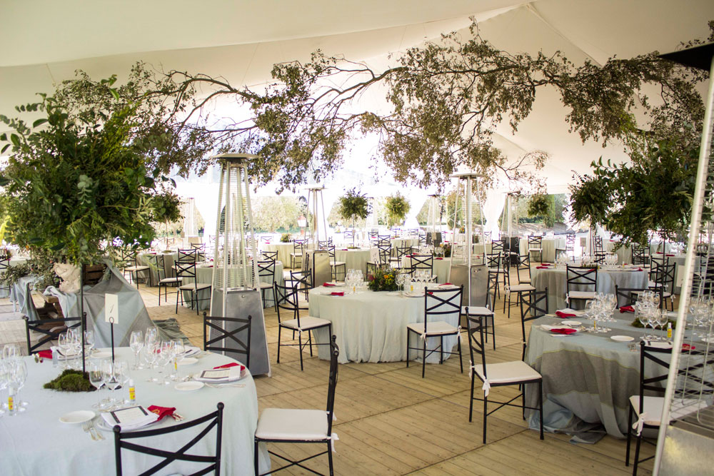 Banquete de boda bajo una carpa decorada con ramas y flores