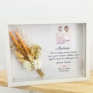 Obsequio para madrina en boda cuadro con ramillete de flores preservadas y frase personalizable