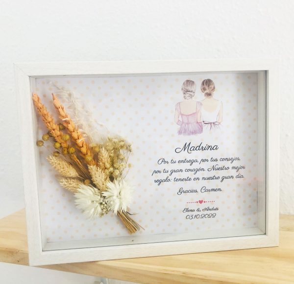 Obsequio para madrina en boda cuadro con ramillete de flores preservadas y frase personalizable