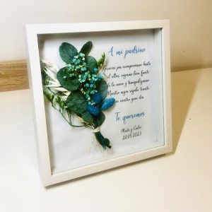 obsequio de boda cuadro para padrino o madrina con ramillete de flores preservadas