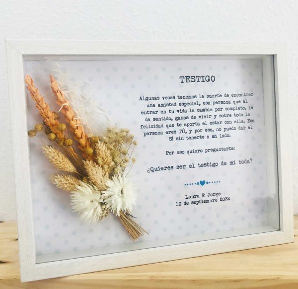 Obsequio para testigo de boda cuadro con frase personalizable y ramillete de flores preservadas