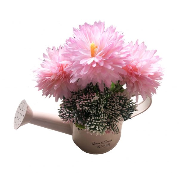 obsequio regadera maceta rosa de flores con mensaje personalizable