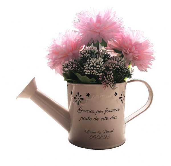 obsequio regadera maceta rosa de flores con mensaje personalizable